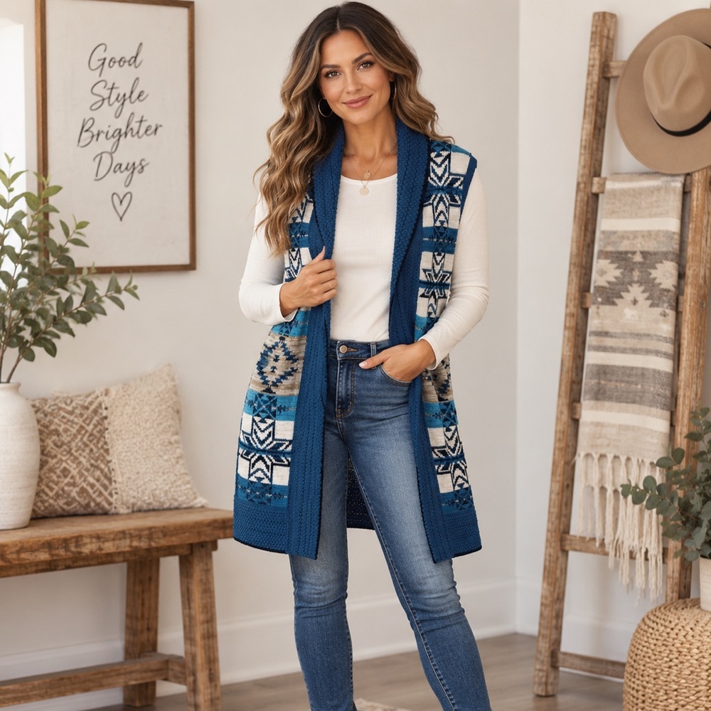BCBGMaxAzria Blue Patterned Aztec boho Knit Open-Front Vest layering piece NWT